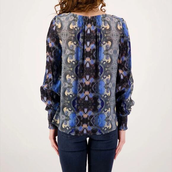 AP.NY Blue Gray Abstract Mirrored Print Artsy Cupro Blouse Top SZ M - Picture 2 of 10